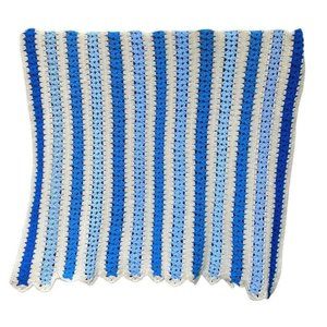 Handmade Crochet Afghan Throw Blanket Blue White Striped Scalloped‎ 24 X 44